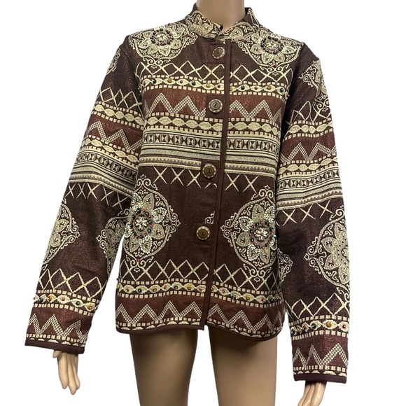 Vintage Flashback Brown Bronze Tapestry Print with Beads Button Up Jacket Large - Picture 2 of 8
